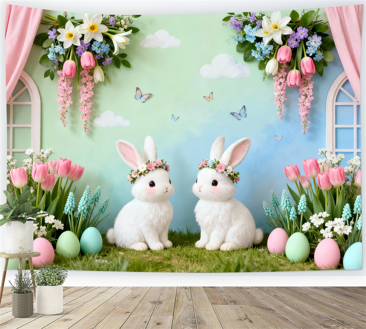 Rabbit Backdrop Twin Bunnies Floral Garden Easter Backdrops UK LXX61-94