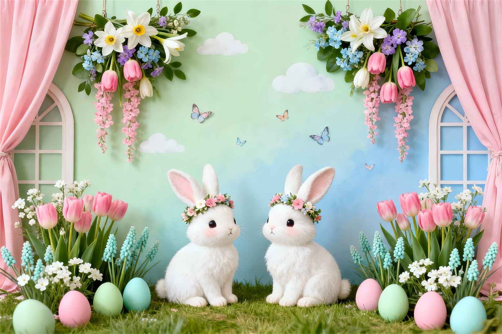 Rabbit Backdrop Twin Bunnies Floral Garden Easter Backdrops UK LXX61-94