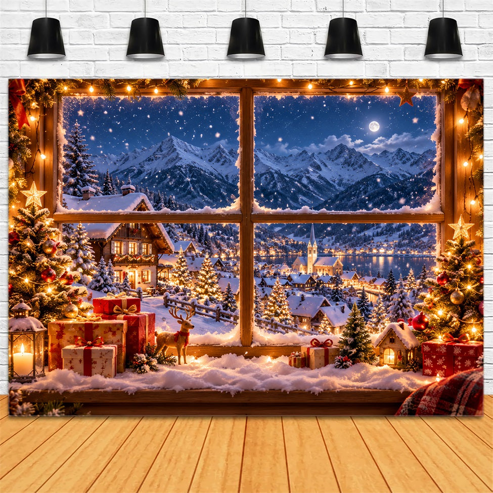 Winter Christmas Backdrop Snowy Alpine House Window Christmas Village Backdrops UK LXX610-157
