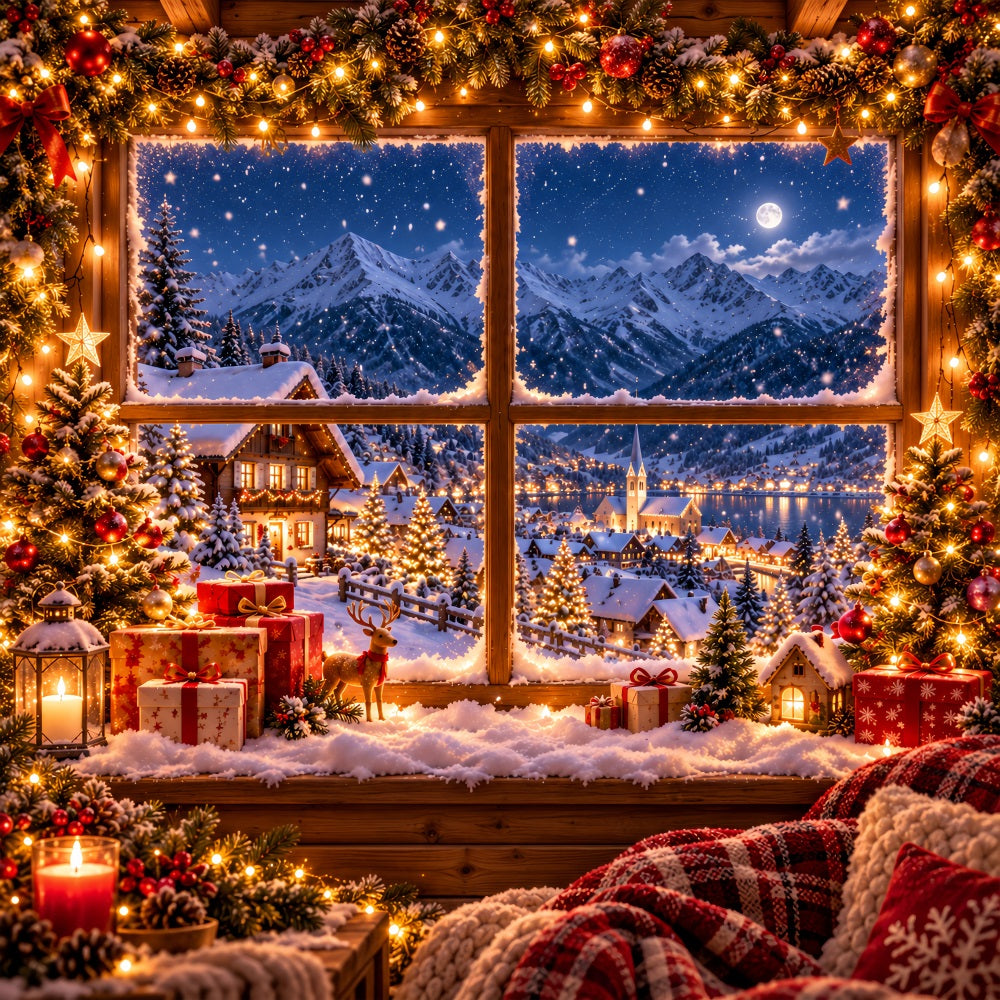 Winter Christmas Backdrop Snowy Alpine House Window Christmas Village Backdrops UK LXX610-157