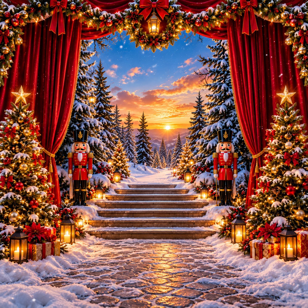 Christmas Theme Backdrop Forest Sunset Snowy Staircase Nutcracker Backdrops UK LXX610-159