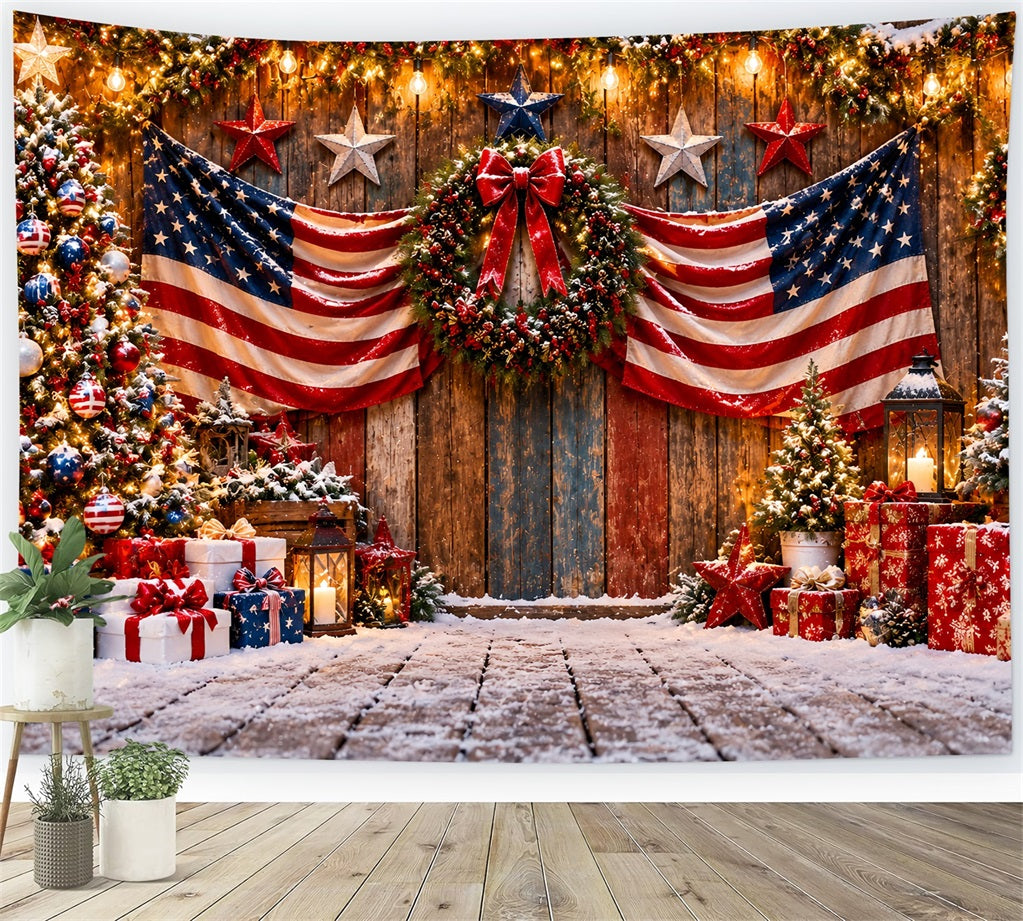 Country Christmas Backdrop Patriotic Flag Festive Doorway Christmas Tree Photography Backdrop UK LXX610-168
