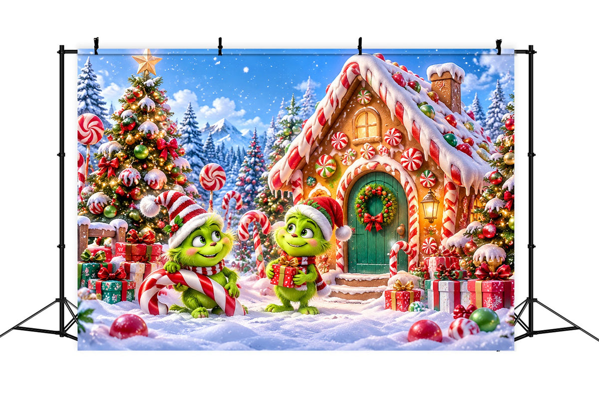 Grinch Backdrop Green Furry Candy Cottage Christmas Backdrops for Pictures UK LXX610-170