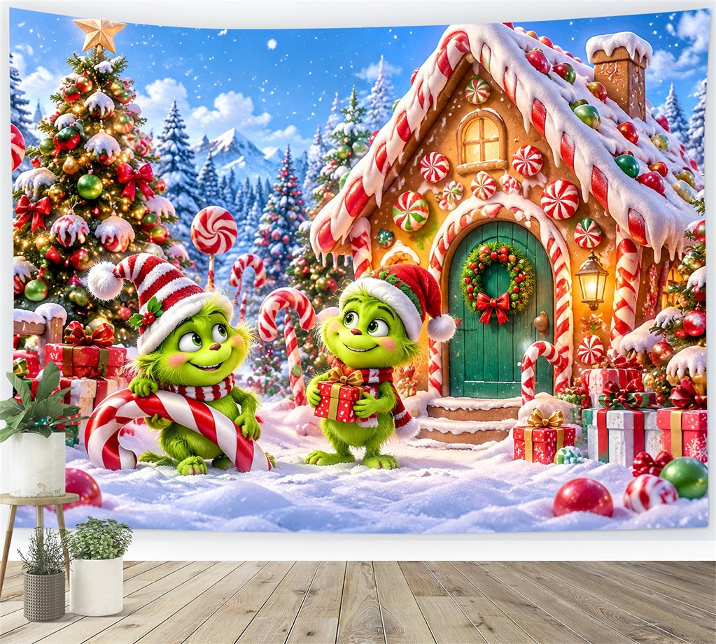 Grinch Backdrop Green Furry Candy Cottage Christmas Backdrops for Pictures UK LXX610-170