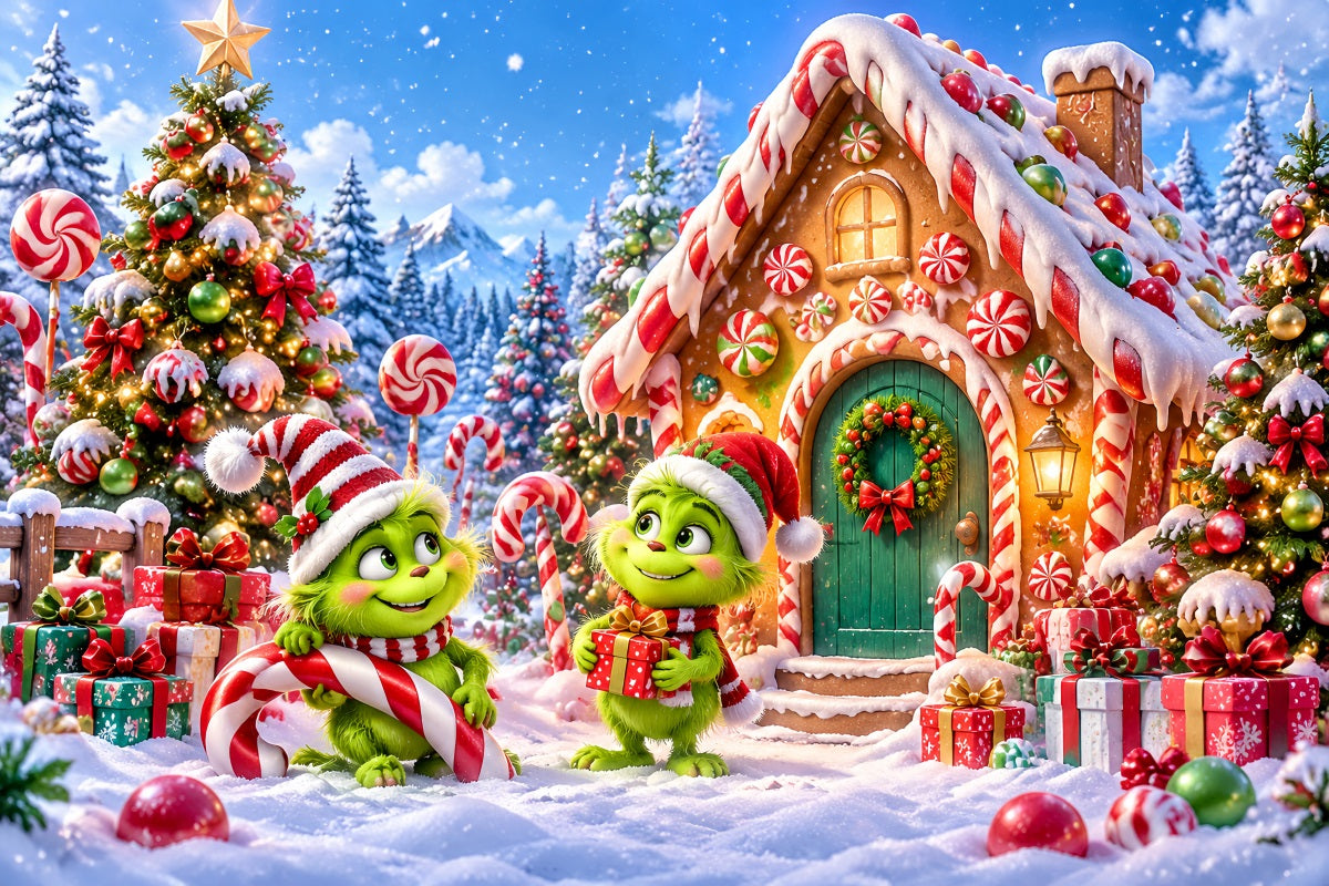 Grinch Backdrop Green Furry Candy Cottage Christmas Backdrops for Pictures UK LXX610-170