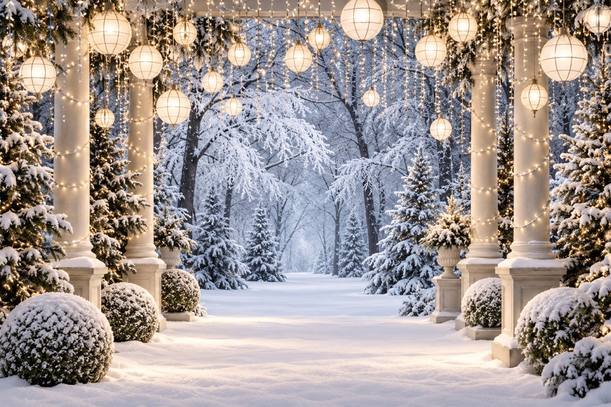 Christmas Forest Backdrop Snowy Lantern Column Walkway Christmas Portrait Backdrop UK LXX610-177