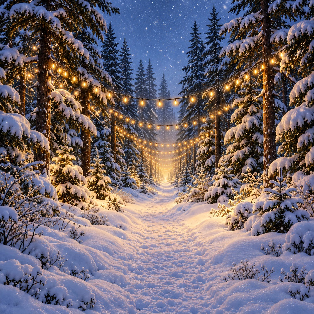 Christmas Tree Forest Backdrop Glowing Snowy Forest Path Christmas Picture Backdrops UK LXX610-180