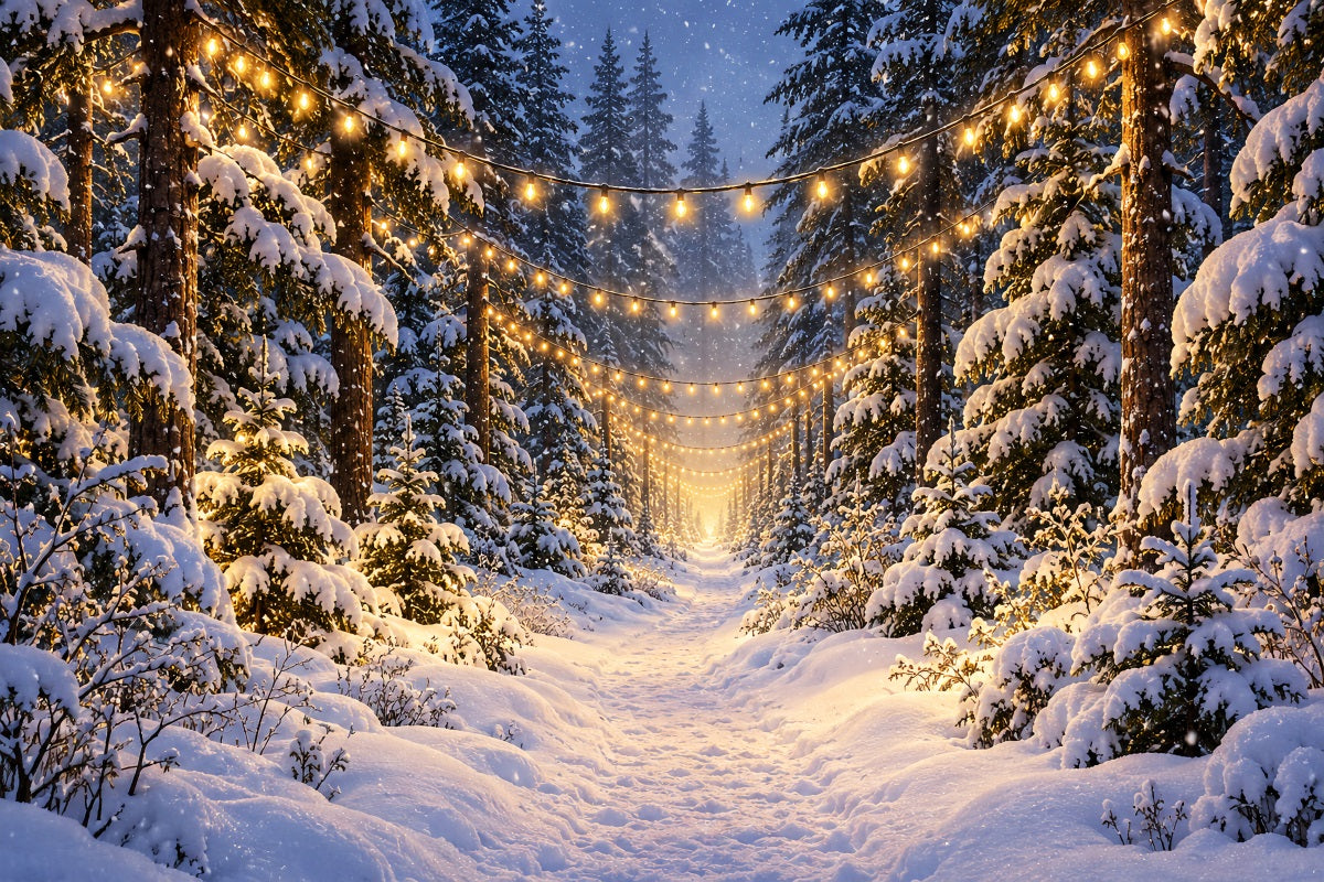 Christmas Tree Forest Backdrop Glowing Snowy Forest Path Christmas Picture Backdrops UK LXX610-180