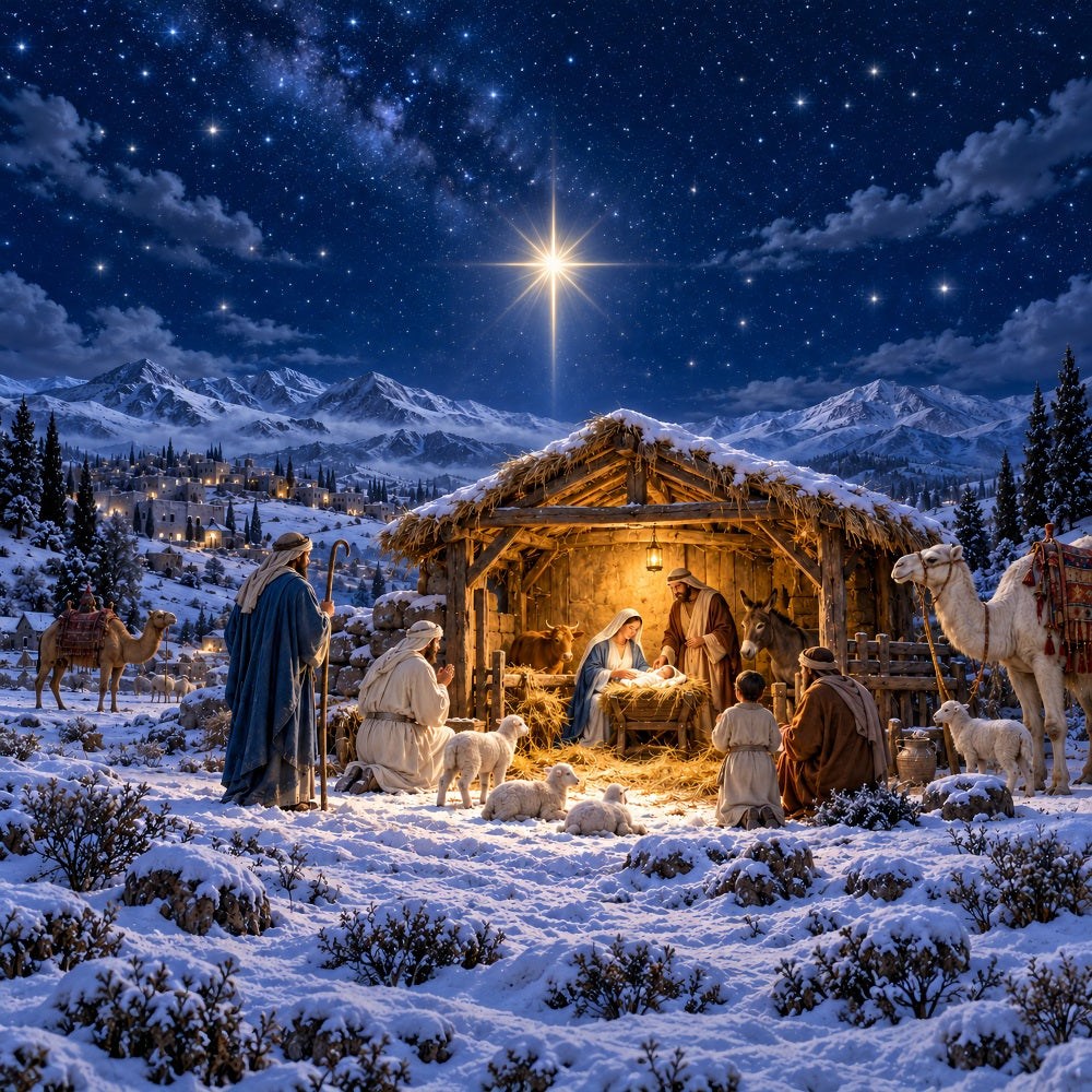 Nativity Scene Backdrop Bethlehem Star Snowy Mountain Christmas Manger Backdrop UK LXX610-181