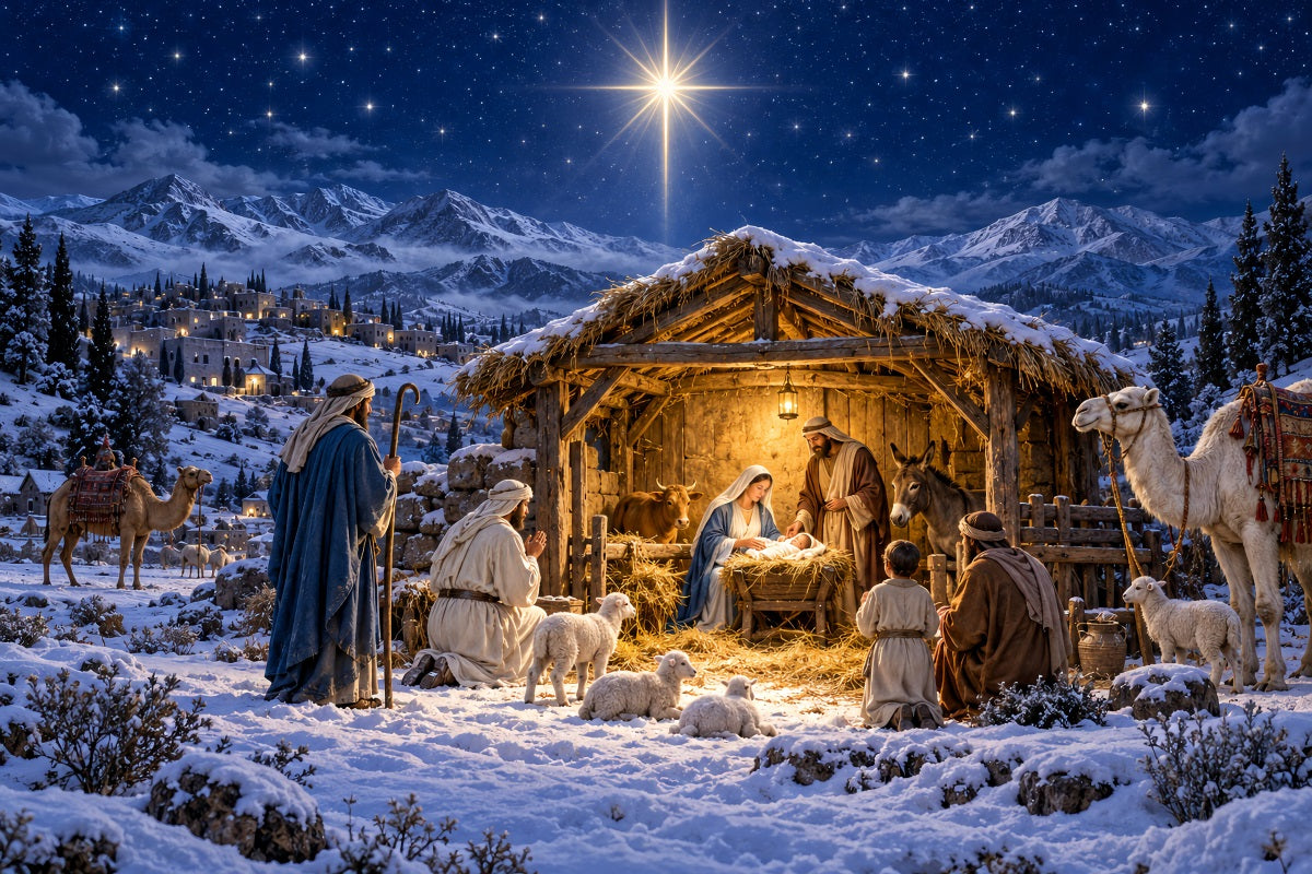 Nativity Scene Backdrop Bethlehem Star Snowy Mountain Christmas Manger Backdrop UK LXX610-181