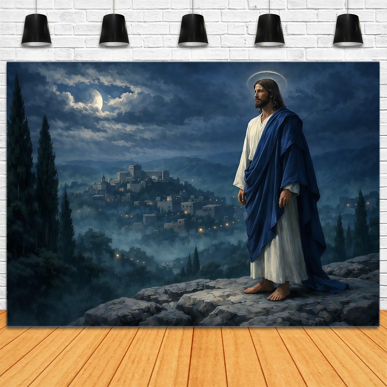 Church Easter Photo Backdrop Moonlit Messiah Mountain Village Easter Backdrop UK LXX62-32