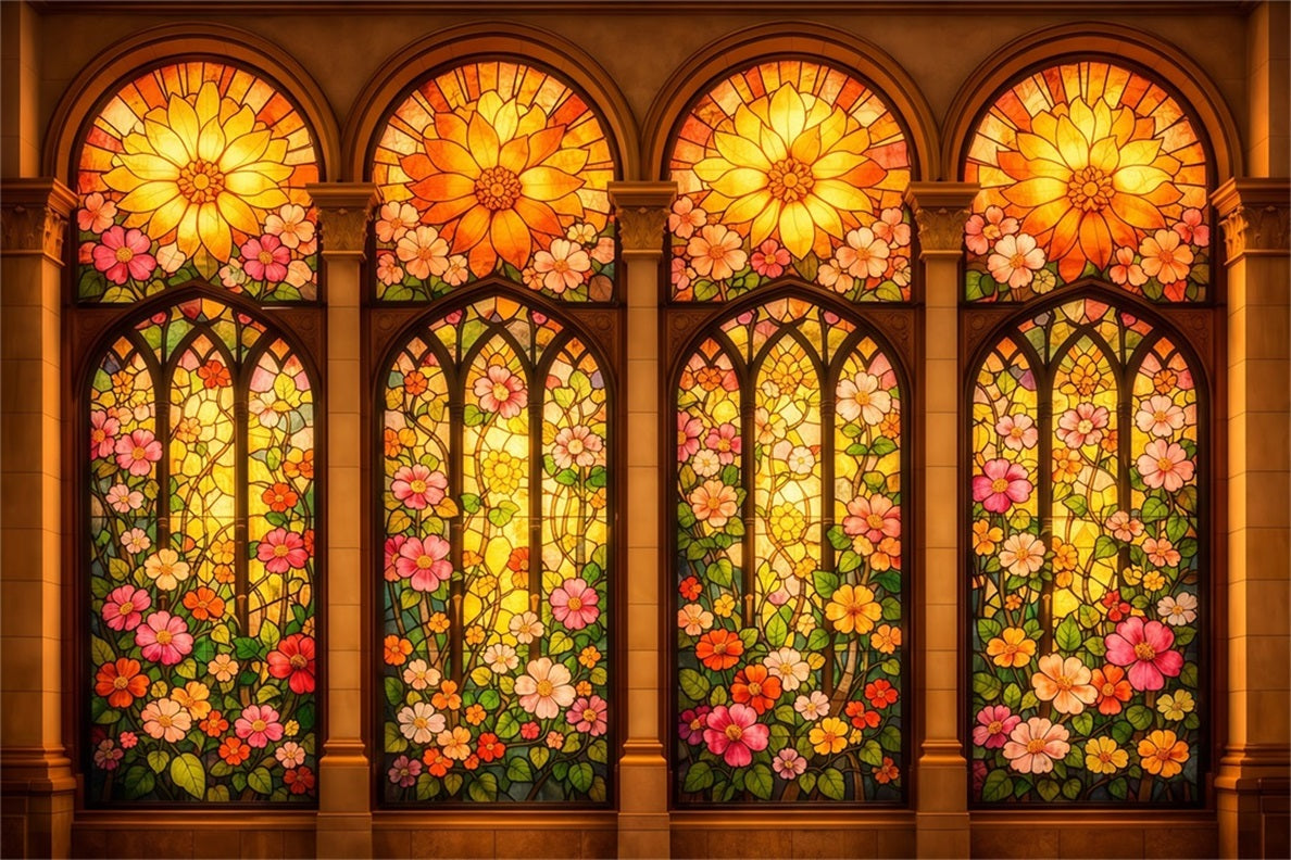 Stained Glass Backdrop Golden Floral Cathedral Windows Easter Photo Backdrop UK LXX62-33