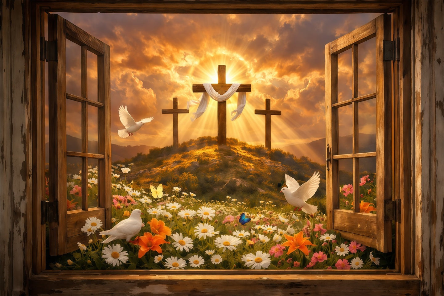 Easter Church Backdrop Resurrection Hill Sunrise Open Window Easter Photo Backdrops UK LXX62-37
