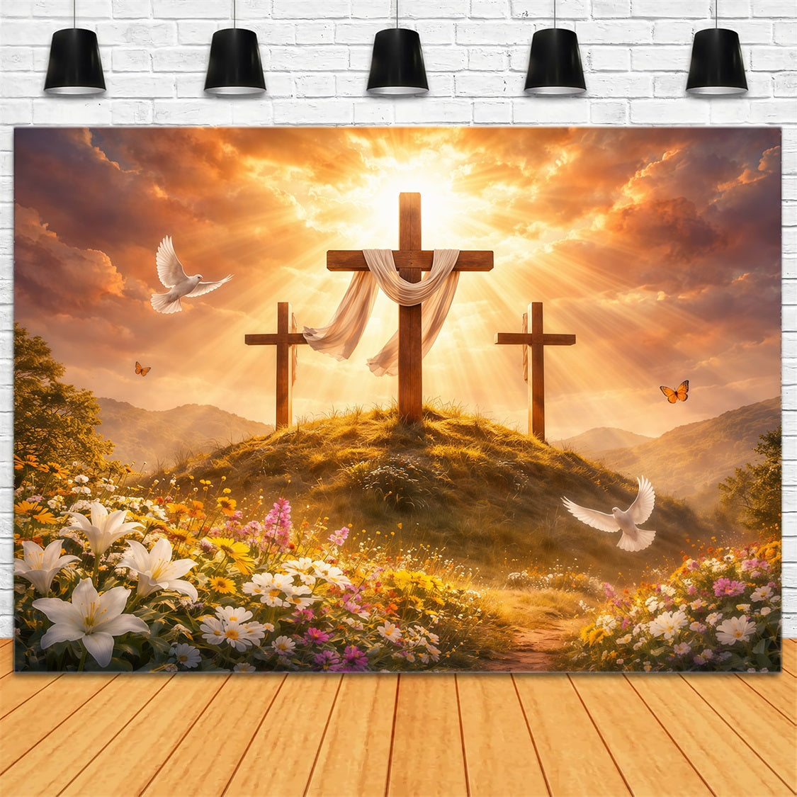 Easter Church Backdrop Golden Glory Three Crosses Meadow Easter Photo Backdrops UK LXX62-38