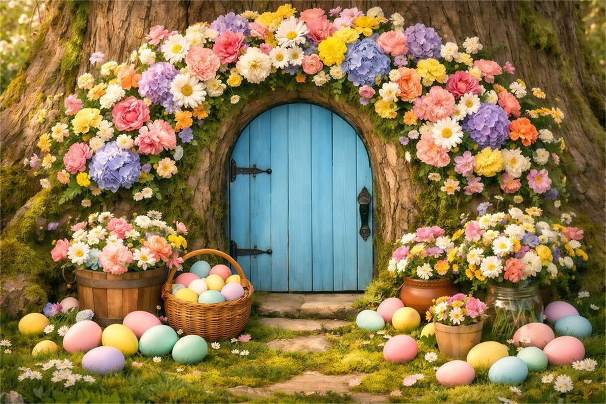 Easter Eggs Backdrop Pastel Floral Tree Doorway Easter Backdrop For Photos UK LXX62-49