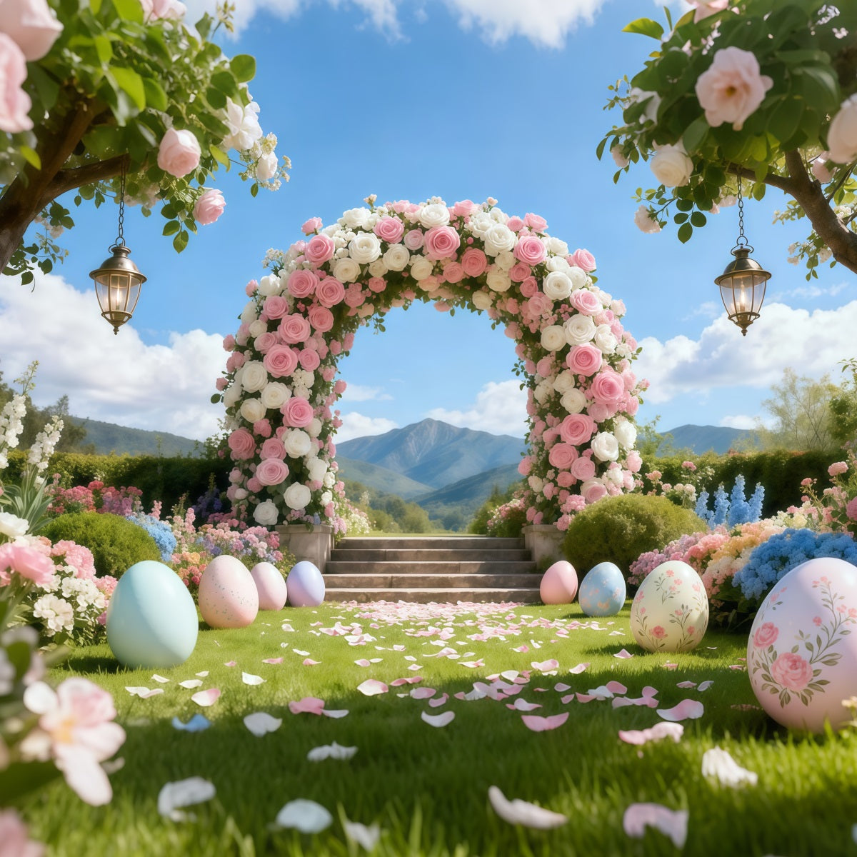 Egg Backdrop Romantic Garden Rose Arch Mountain Landscape Backdrop Easter UK LXX62-50