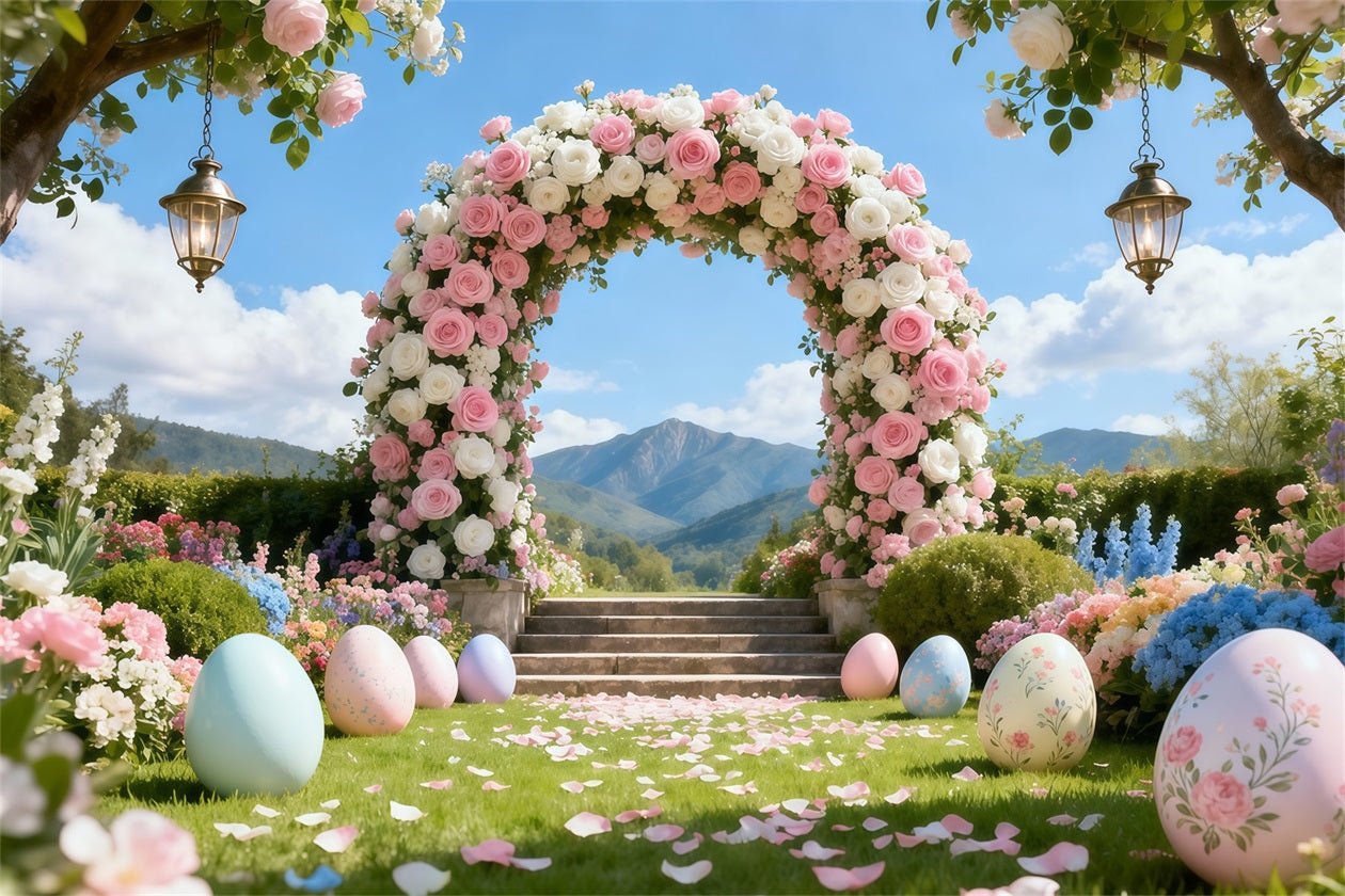 Egg Backdrop Romantic Garden Rose Arch Mountain Landscape Backdrop Easter UK LXX62-50