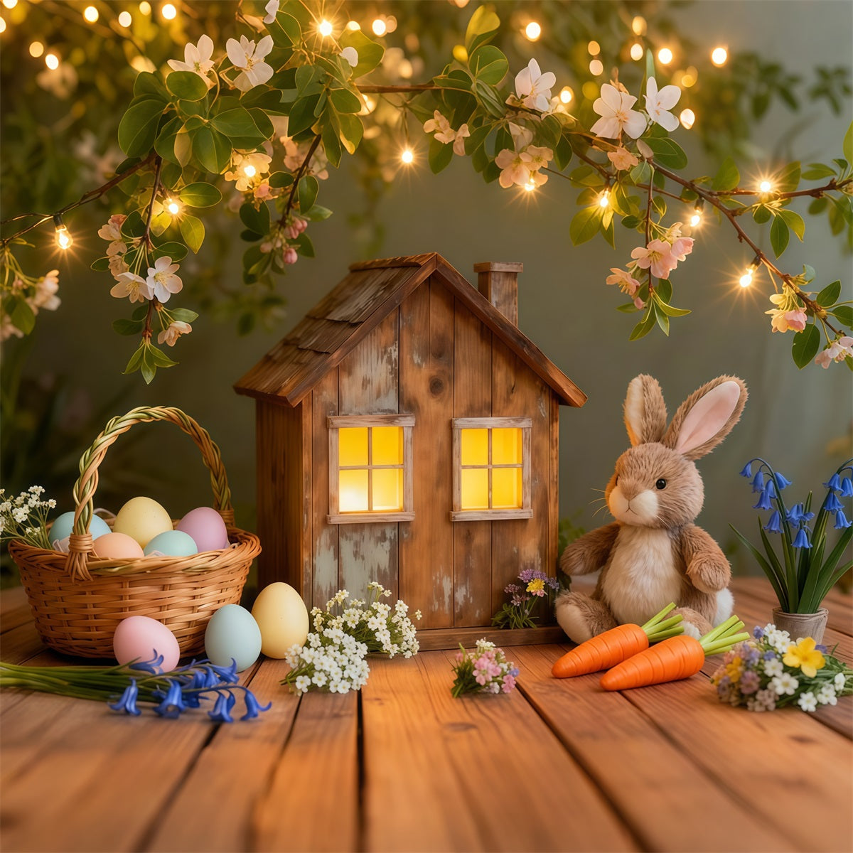 Easter Bunny Backdrop For Photos Rustic Cottage Lights Egg Backdrop For Easter UK LXX62-51