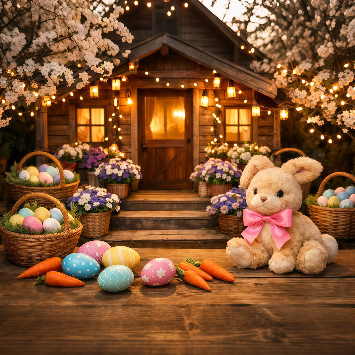 Easter Bunny Backdrop For Photos Cherry Blossom Cabin Easter Basket Backdrop For Easter UK LXX62-52