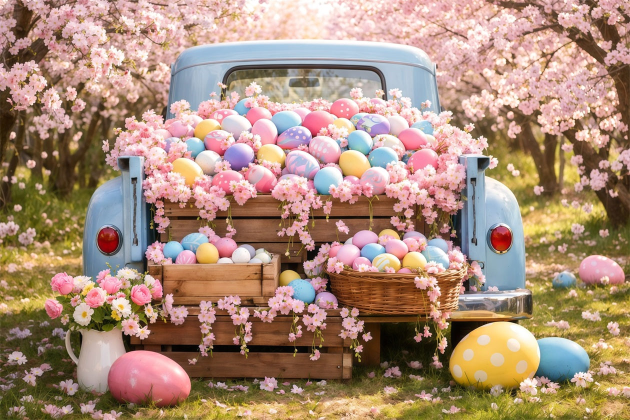 Easter Egg Photo Backdrop Vintage Truck Cherry Blossom Backdrops For Easter UK LXX62-53