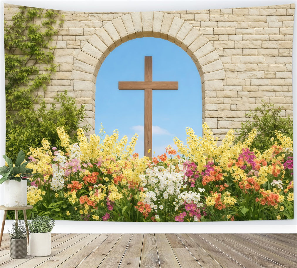 Easter Photo Backdrop Ideas For Church Stone Arch Cross Spring Garden Easter Picture Backdrop UK LXX62-54
