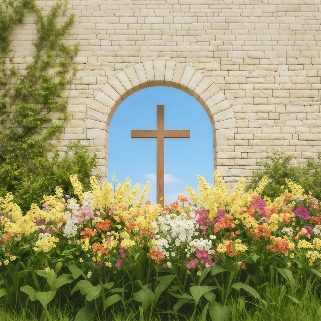 Easter Photo Backdrop Ideas For Church Stone Arch Cross Spring Garden Easter Picture Backdrop UK LXX62-54