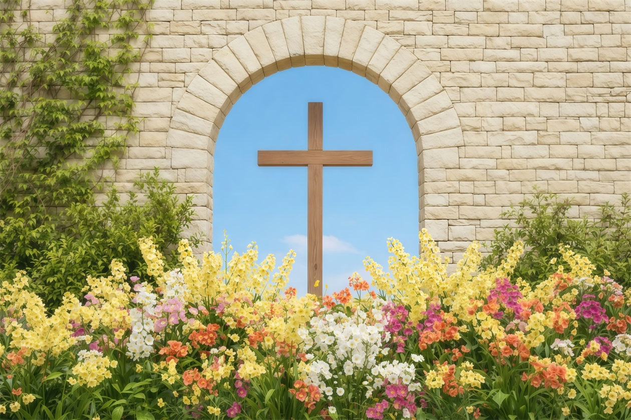 Easter Photo Backdrop Ideas For Church Stone Arch Cross Spring Garden Easter Picture Backdrop UK LXX62-54