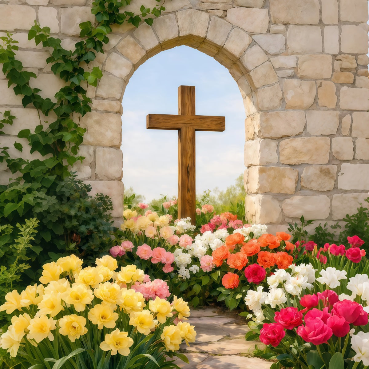 Easter Photo Backdrop Ideas For Church Rustic Arch Cross Floral Path Easter Picture Backdrop UK LXX62-55