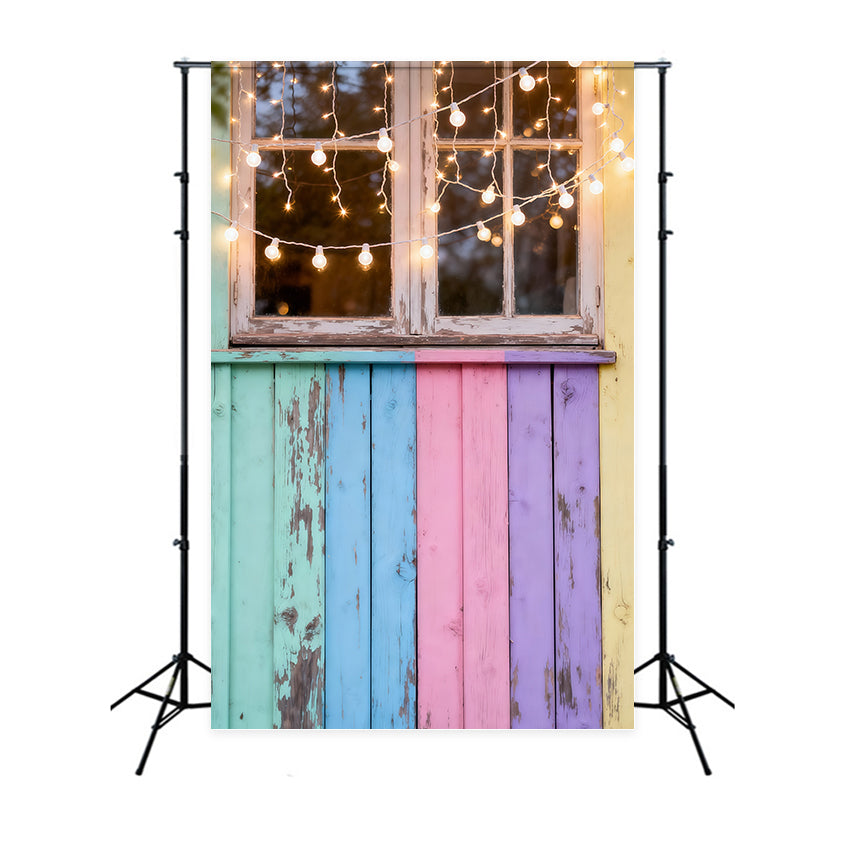 Easter Sunday Photo Backdrop Pastel Wooden Window Fairy Lights Easter Photography Backdrop UK LXX62-56