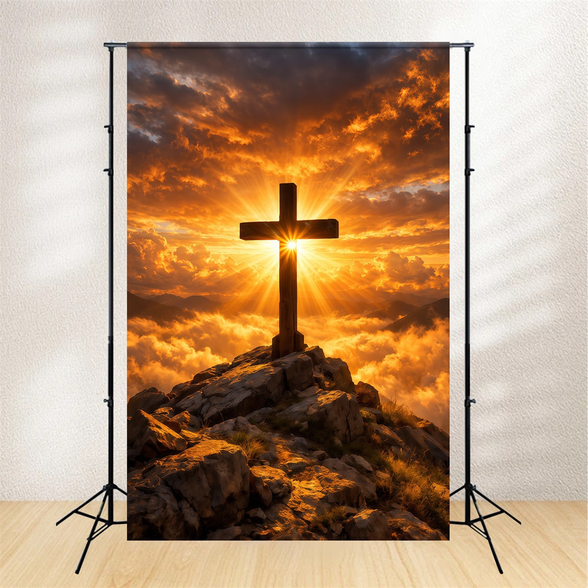 Religious Easter Backdrop Golden Radiant Cross Sunrise Easter Photography Backdrops For Sale UK LXX62-58