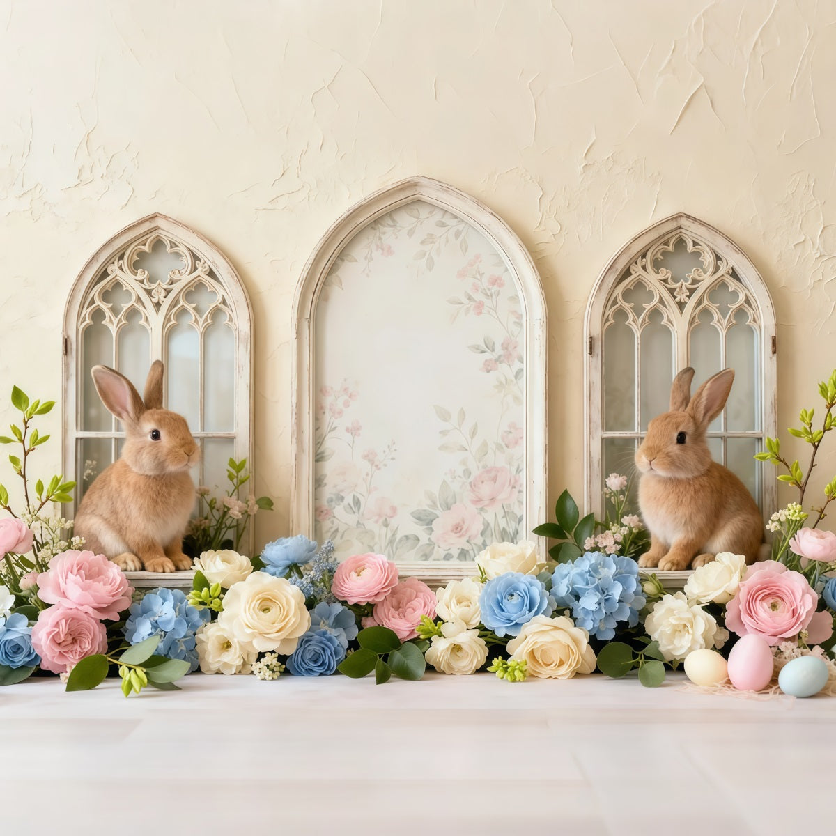 Easter Bunny Picture Backdrop Vintage Floral Arch Windows Backdrops For Easter Pictures UK LXX62-61