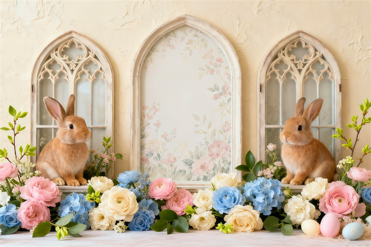 Easter Bunny Picture Backdrop Vintage Floral Arch Windows Backdrops For Easter Pictures UK LXX62-61