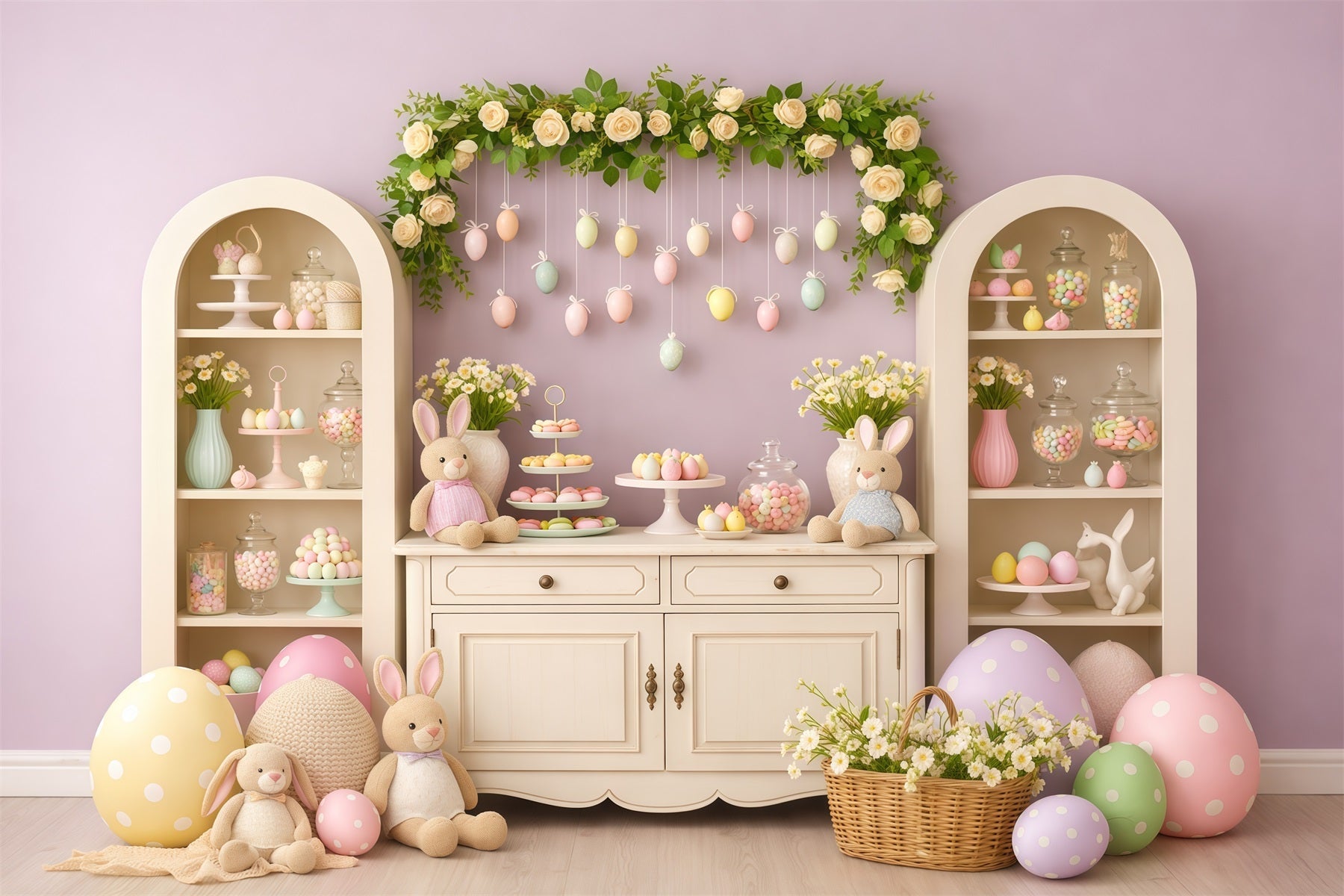 Cute Easter Backdrop Lavender Sweet Macaron Bunny Display Backdrop For Easter Pictures UK LXX62-63