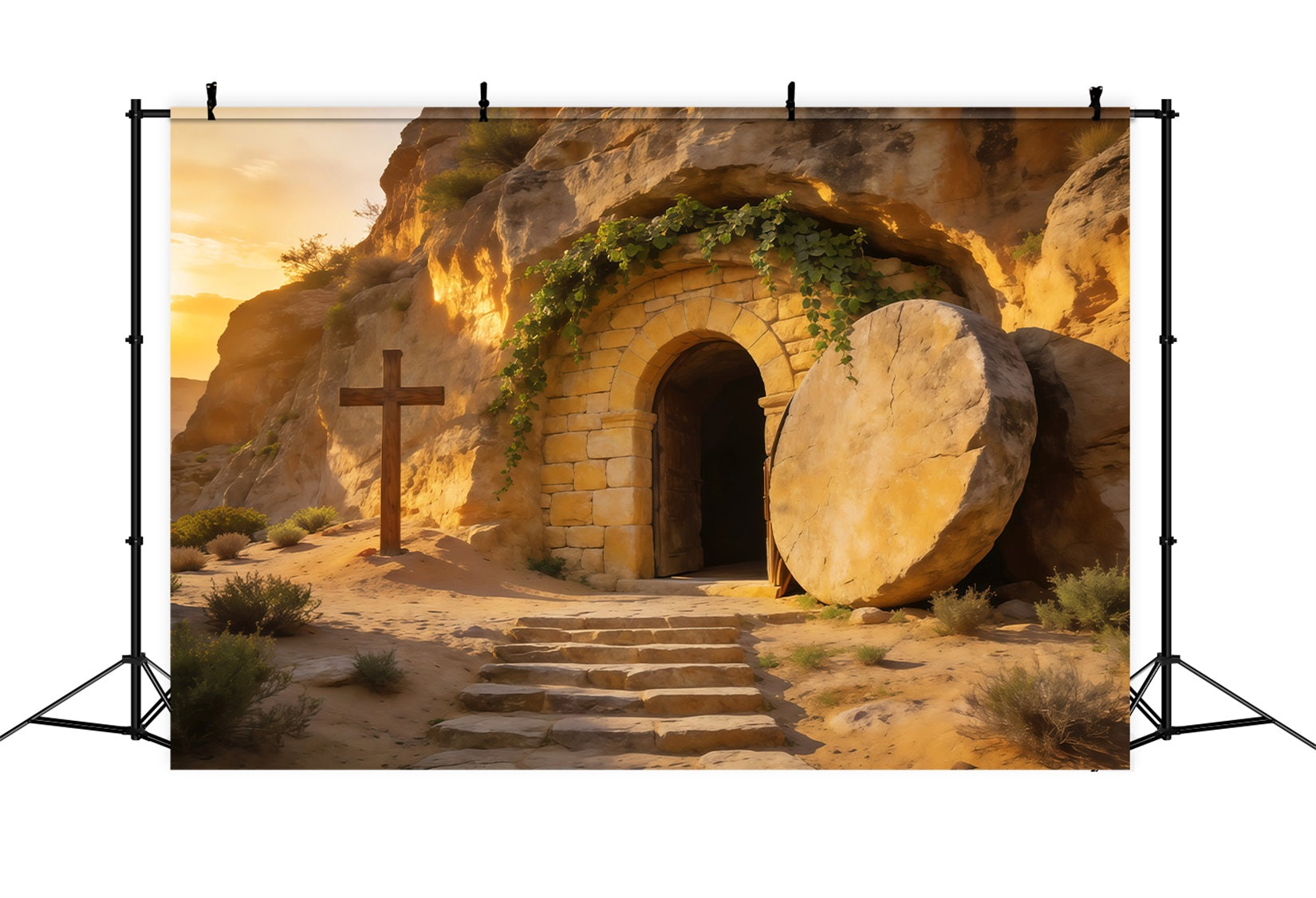 Easter Tomb Backdrop Golden Sunrise Empty Cave Cross Outdoor Easter Backdrop UK LXX62-64