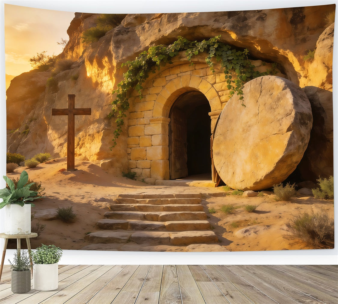 Easter Tomb Backdrop Golden Sunrise Empty Cave Cross Outdoor Easter Backdrop UK LXX62-64