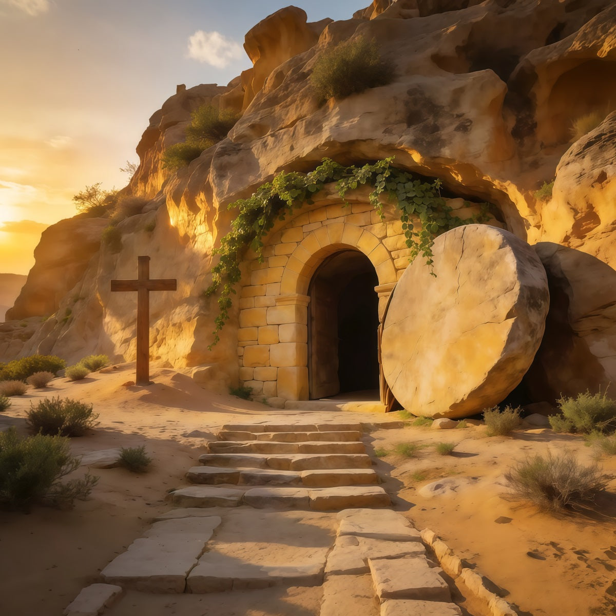 Easter Tomb Backdrop Golden Sunrise Empty Cave Cross Outdoor Easter Backdrop UK LXX62-64