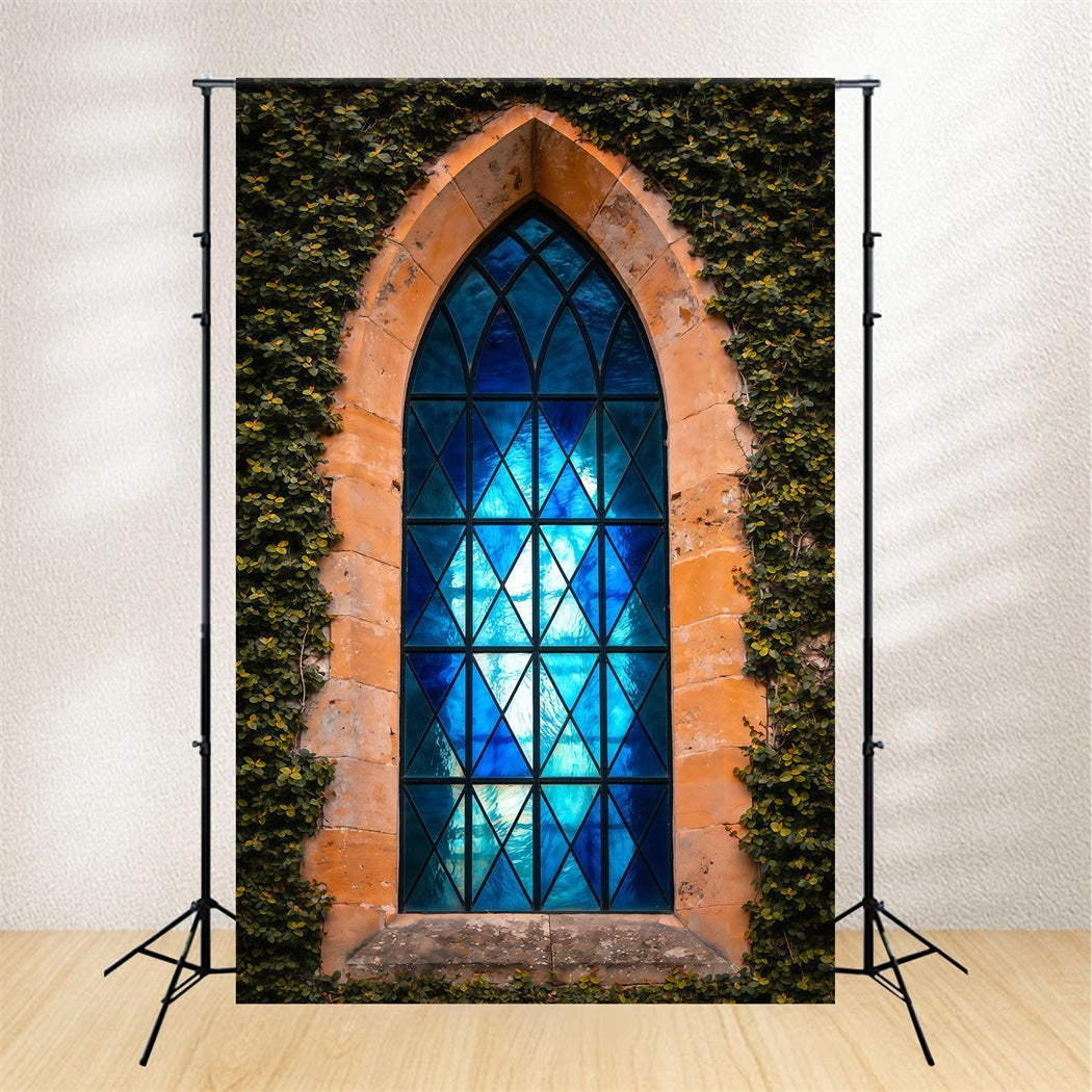 Easter Religious Backdrops Ivy Framed Gothic Blue Window Easter Backdrops For Photos UK LXX62-66