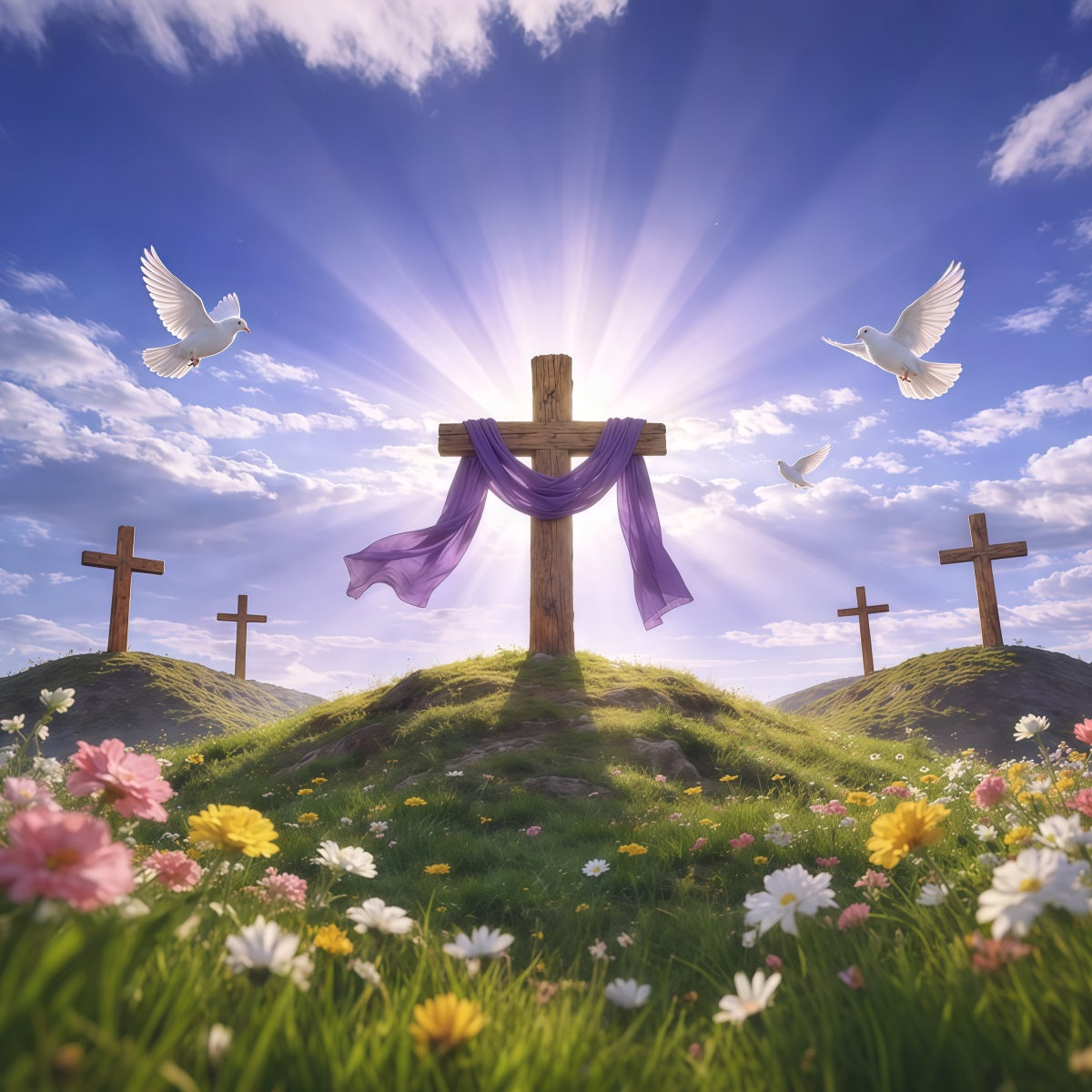 He Has Risen Backdrop Radiant Hilltop Cross Purple Drape Photography Easter Backdrop UK LXX62-67