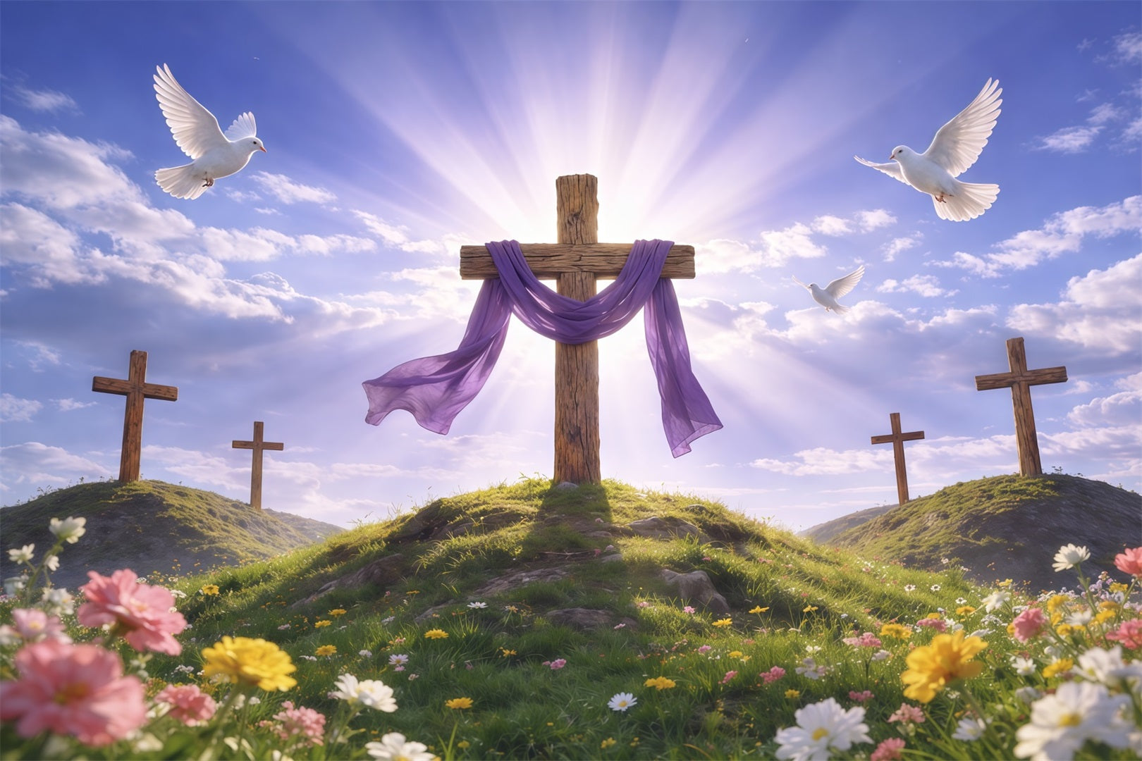 He Has Risen Backdrop Radiant Hilltop Cross Purple Drape Photography Easter Backdrop UK LXX62-67