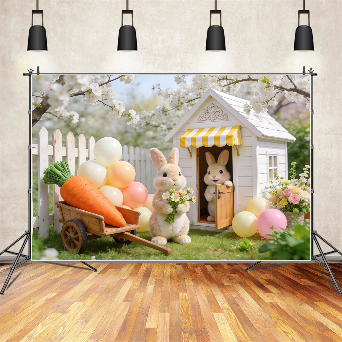 Easter Backdrop With Balloons Cherry Blossom Bunny Garden Cottage Easter Themed Backdrop UK LXX62-68