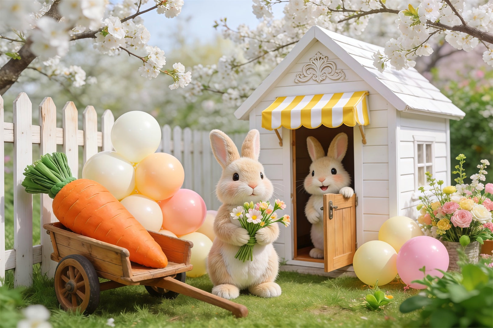Easter Backdrop With Balloons Cherry Blossom Bunny Garden Cottage Easter Themed Backdrop UK LXX62-68