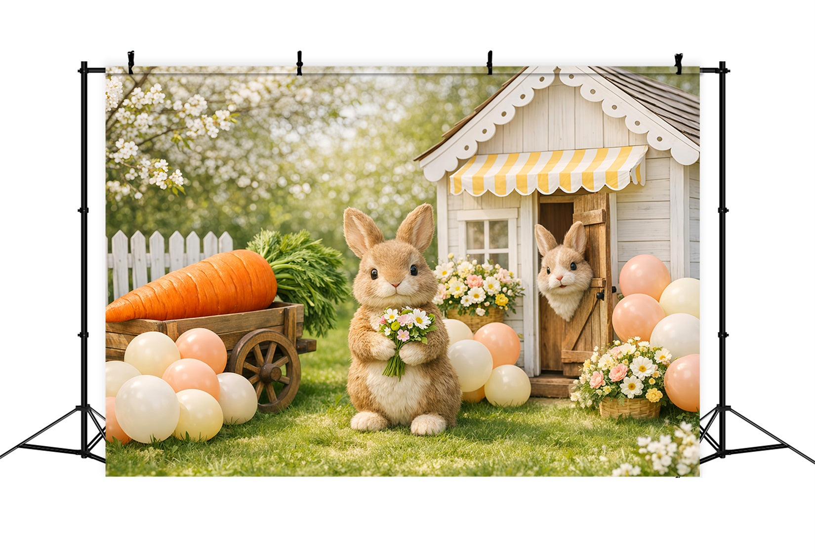 Easter Backdrop With Balloons Spring Bunny Carrot Cart Yard Easter Themed Backdrop UK LXX62-69