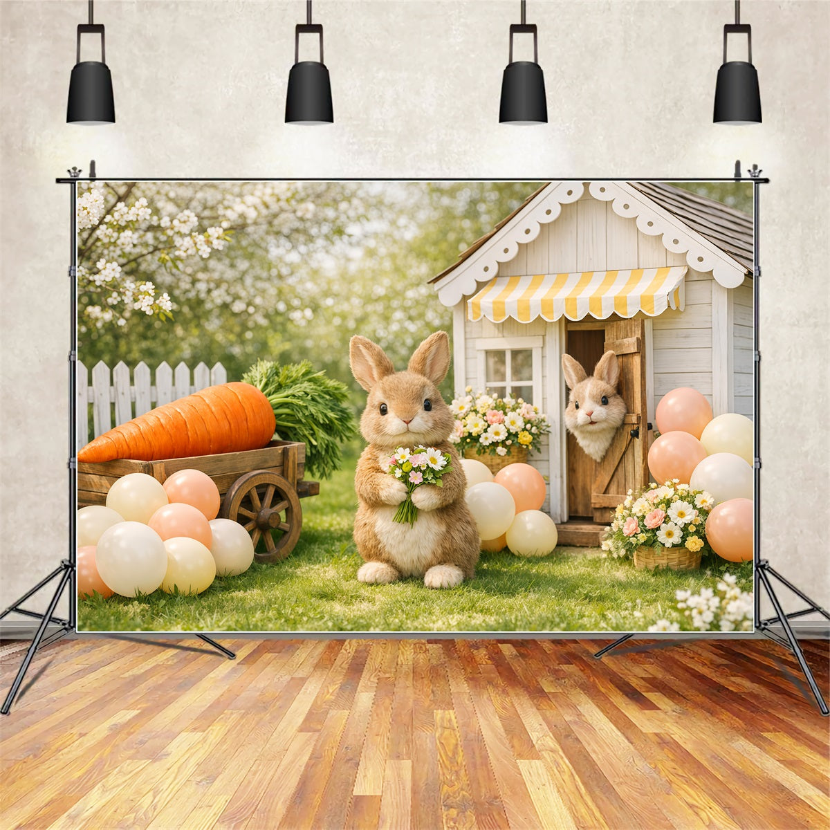 Easter Backdrop With Balloons Spring Bunny Carrot Cart Yard Easter Themed Backdrop UK LXX62-69