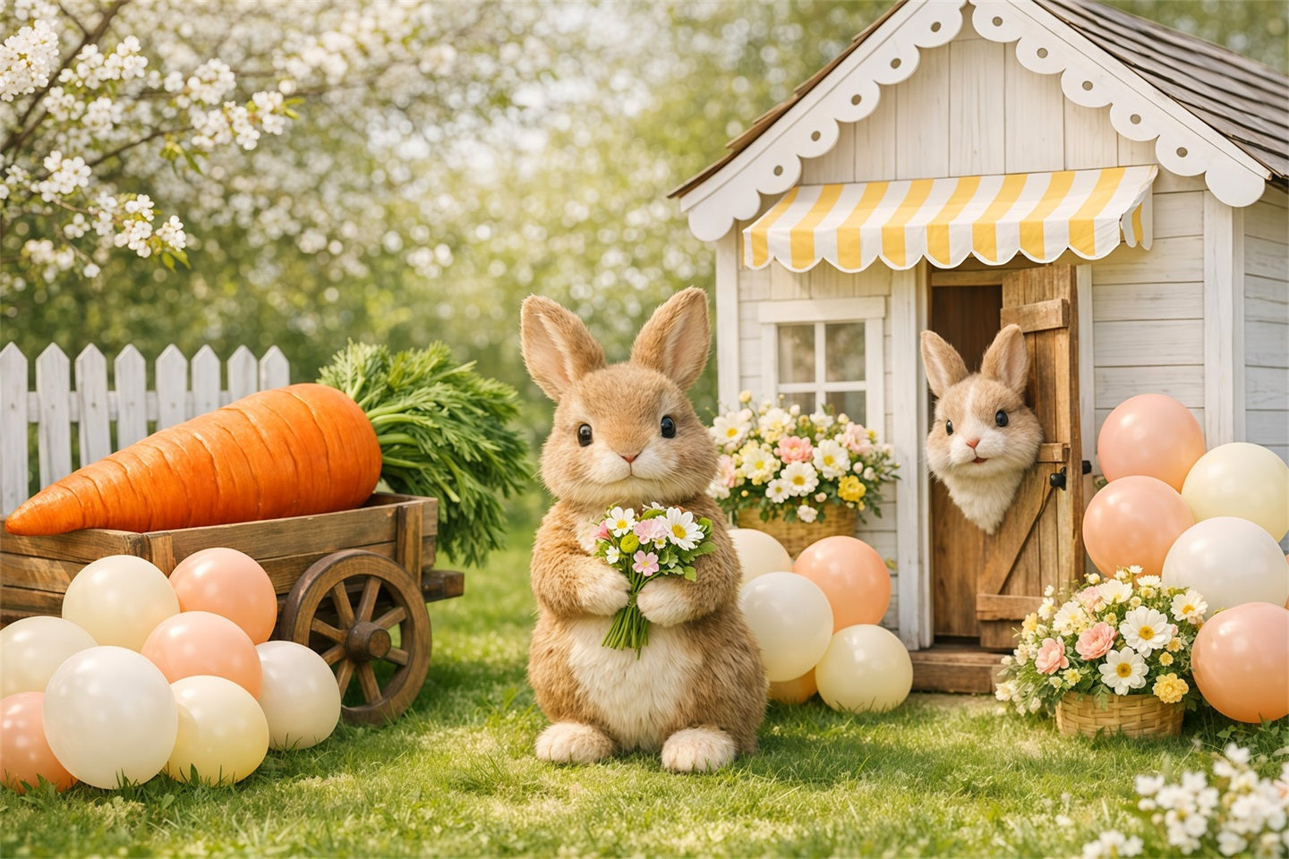 Easter Backdrop With Balloons Spring Bunny Carrot Cart Yard Easter Themed Backdrop UK LXX62-69