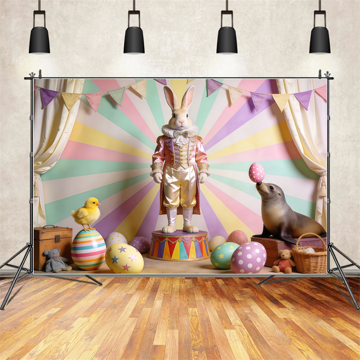 Peter Rabbit Photography Backdrop Carnival Bunny Chick Seal Stage Happy Easter Photo Backdrop UK LXX62-71