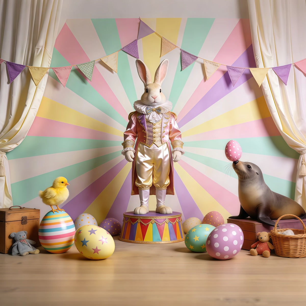 Peter Rabbit Photography Backdrop Carnival Bunny Chick Seal Stage Happy Easter Photo Backdrop UK LXX62-71