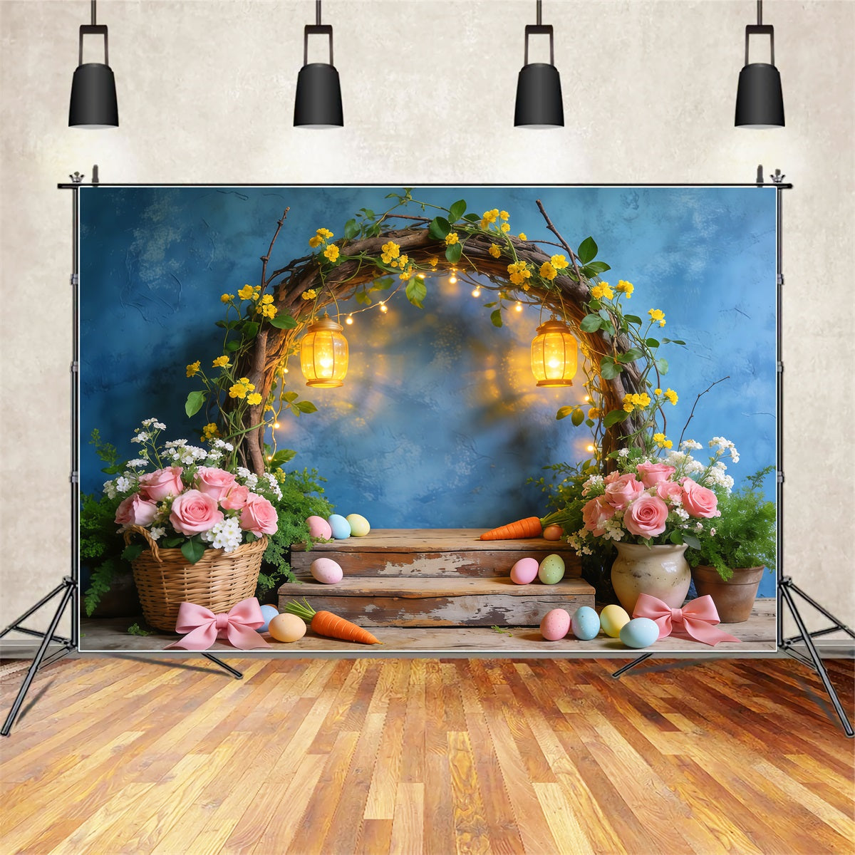 Easter Stage Backdrops Rustic Floral Lantern Arch Display Photography Backdrop Easter UK LXX62-73