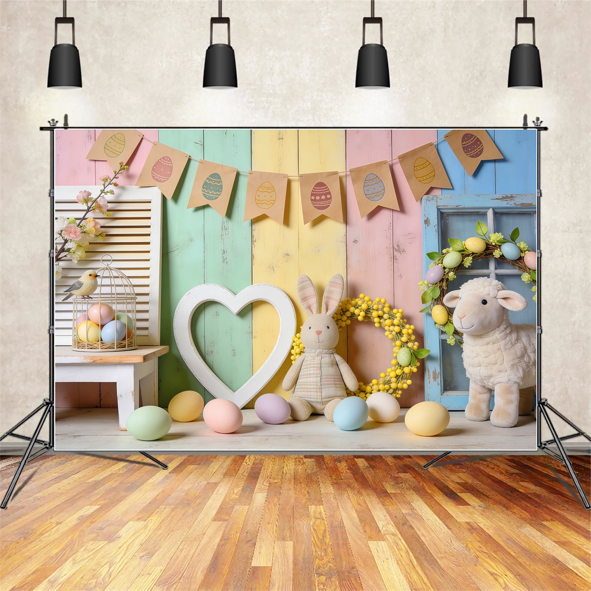 Easter Sunday Backdrop Ideas Pastel Wooden Heart Bunny Decor Photo Backdrops For Easter UK LXX62-74