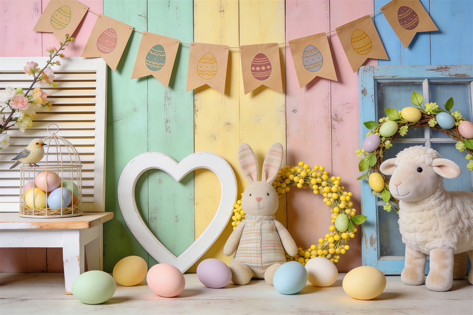 Easter Sunday Backdrop Ideas Pastel Wooden Heart Bunny Decor Photo Backdrops For Easter UK LXX62-74