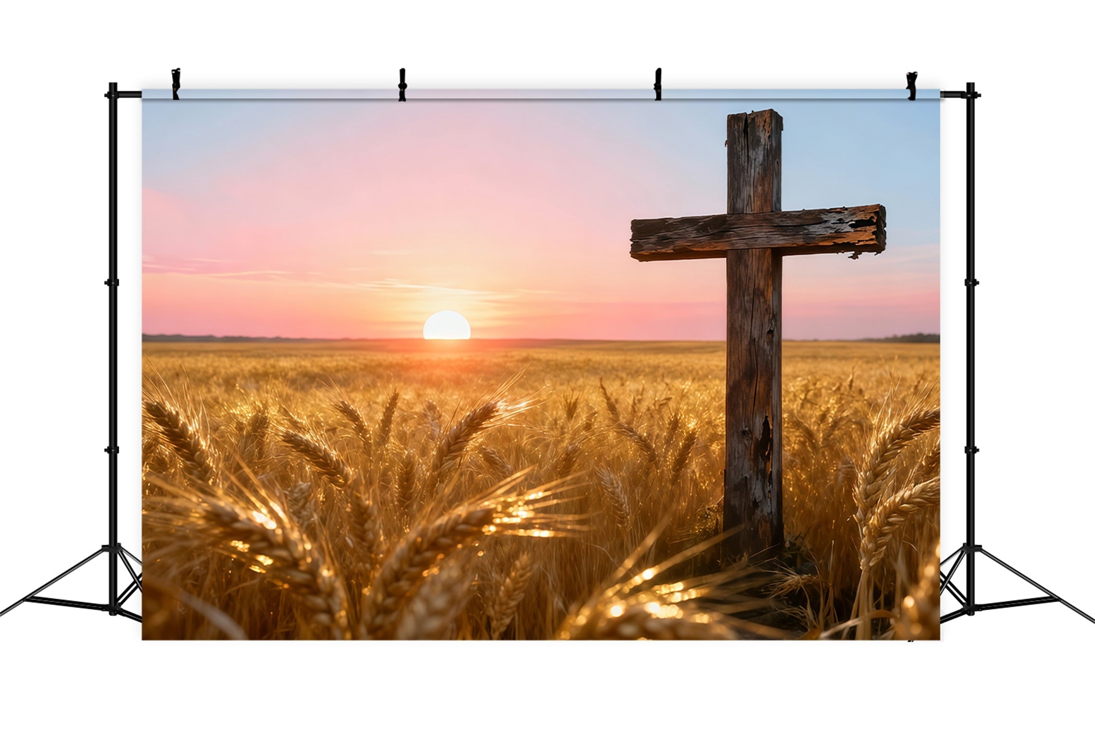 Christian Easter Photo Backdrop Golden Wheatfield Sunset Wooden Cross Simple Easter Backdrop UK LXX62-75